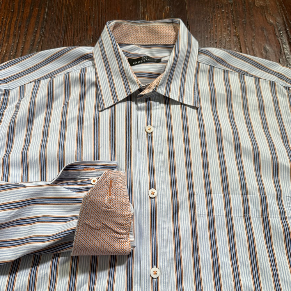 Bugatchi Uomo Shirt Mens Large Blue Striped Flip Cuffs Long Sleeve